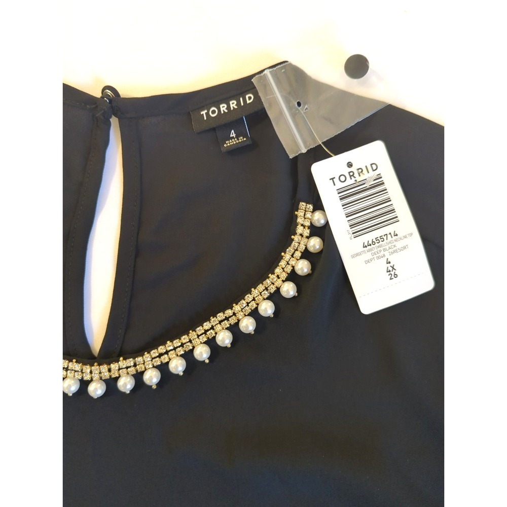 NWT TORRID Black Embellished Bouse Top 4 4X Pearl Rhinestone Statement Neckline